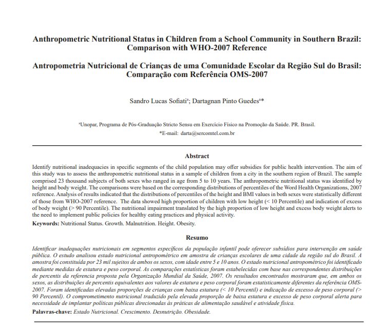 Artigo: Antropometria Nutricional de Crianças de uma Comunidade Escolar da Região Sul do Brasil: Comparação com Referência OMS-2007